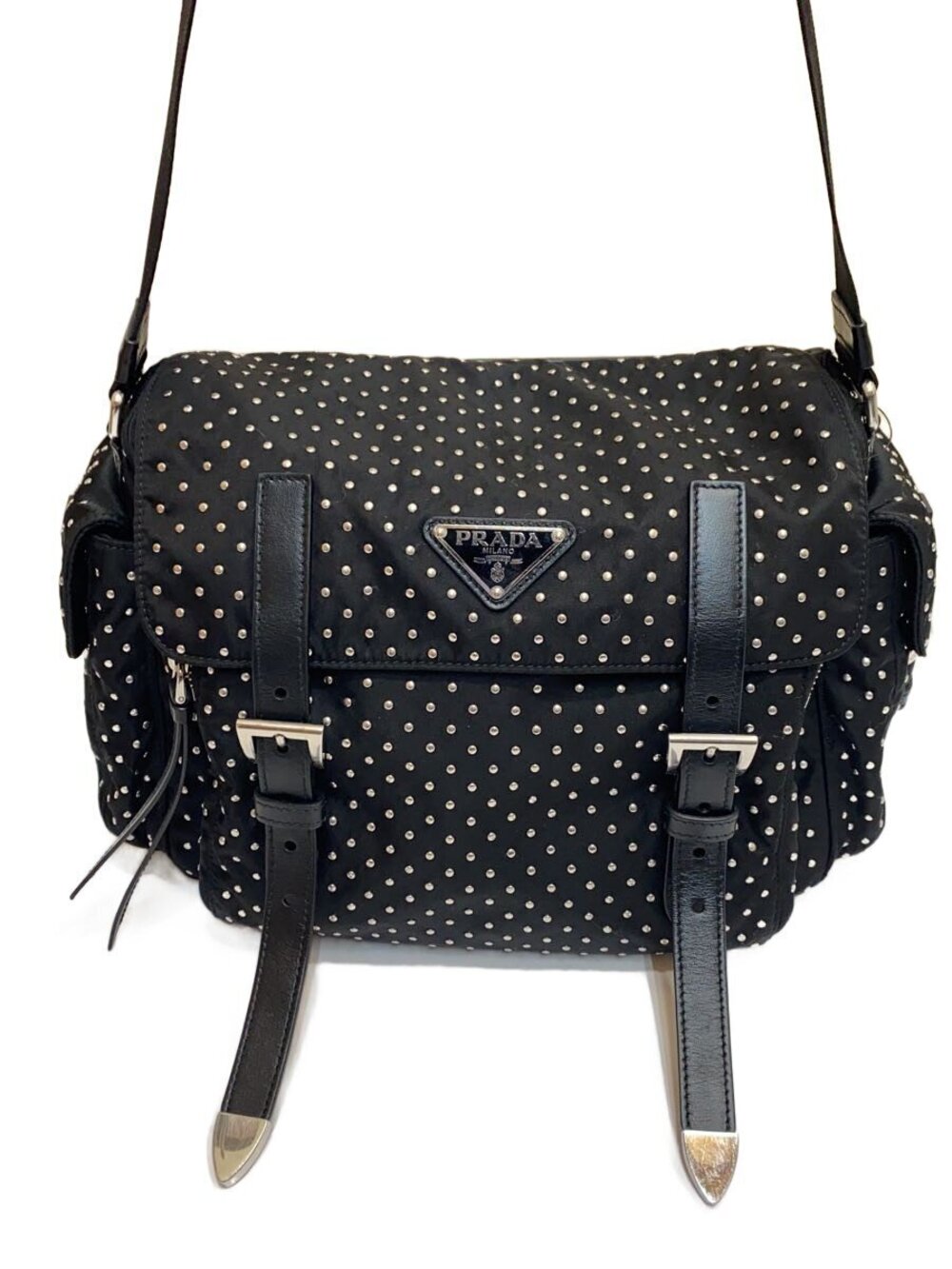 Prada Re Studded Shoulder Bag Triangle Black